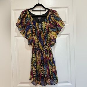 Colorful Ruffle Sleeve Dress with Waist Tie